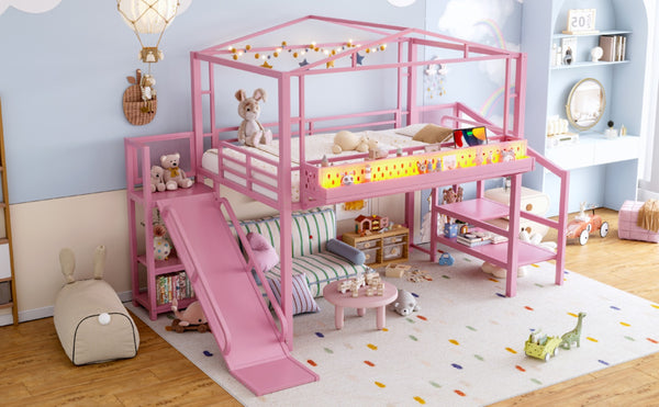 English Elm Twin Metal Loft Bed with Built-in Wardrobe Storage Stairs Led Lights and Usb Ports W5316S00048