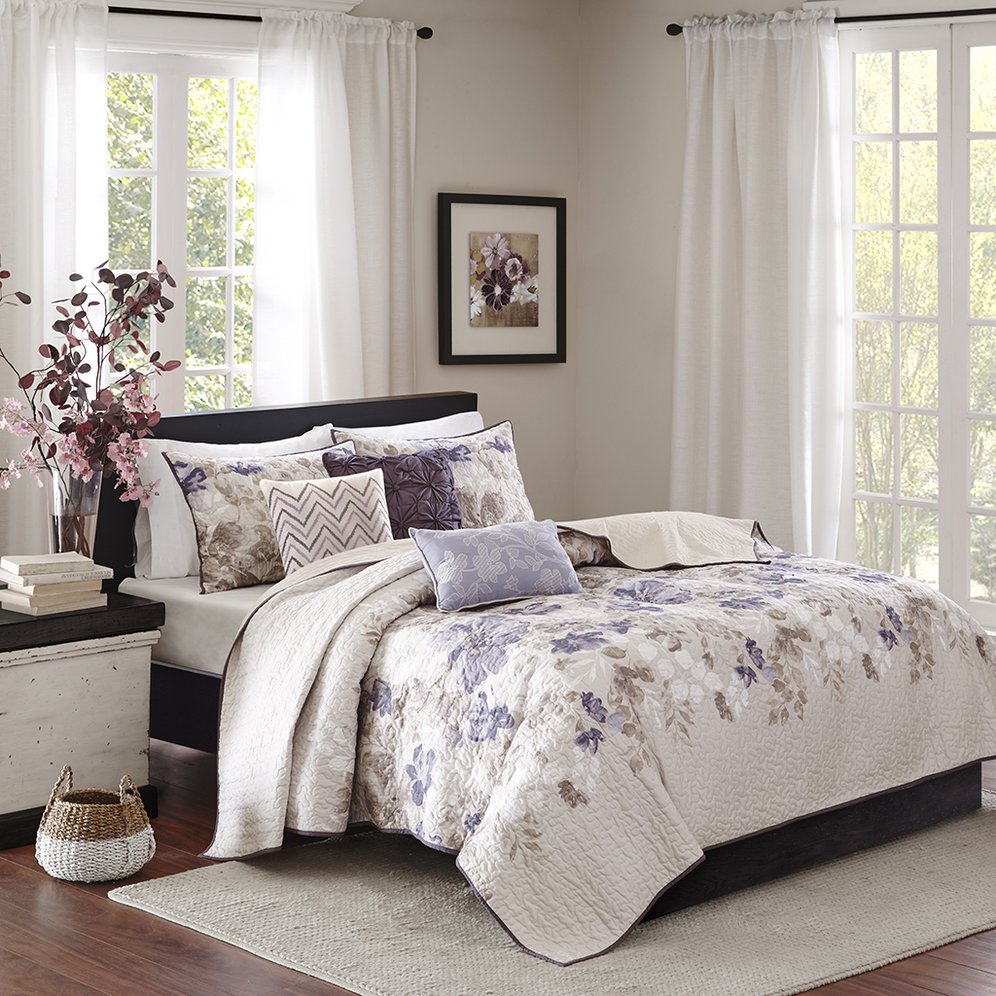 JLA Home Madison Park - 6 Reversible Quilt Set with Watercolor Floral Panel, Ivory Accents & Decor Pillows for Tranquil Bedrooms Blue MP13-2121