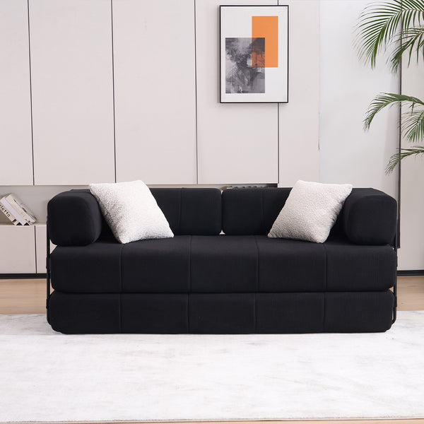 English Elm Folding Sofa Bed with Corduroy Cover, 78.5" Convertible Futon Couch, No-Assembly Foam Spring Mattress, Compact Sleeper for Living Room Black W2915P276677