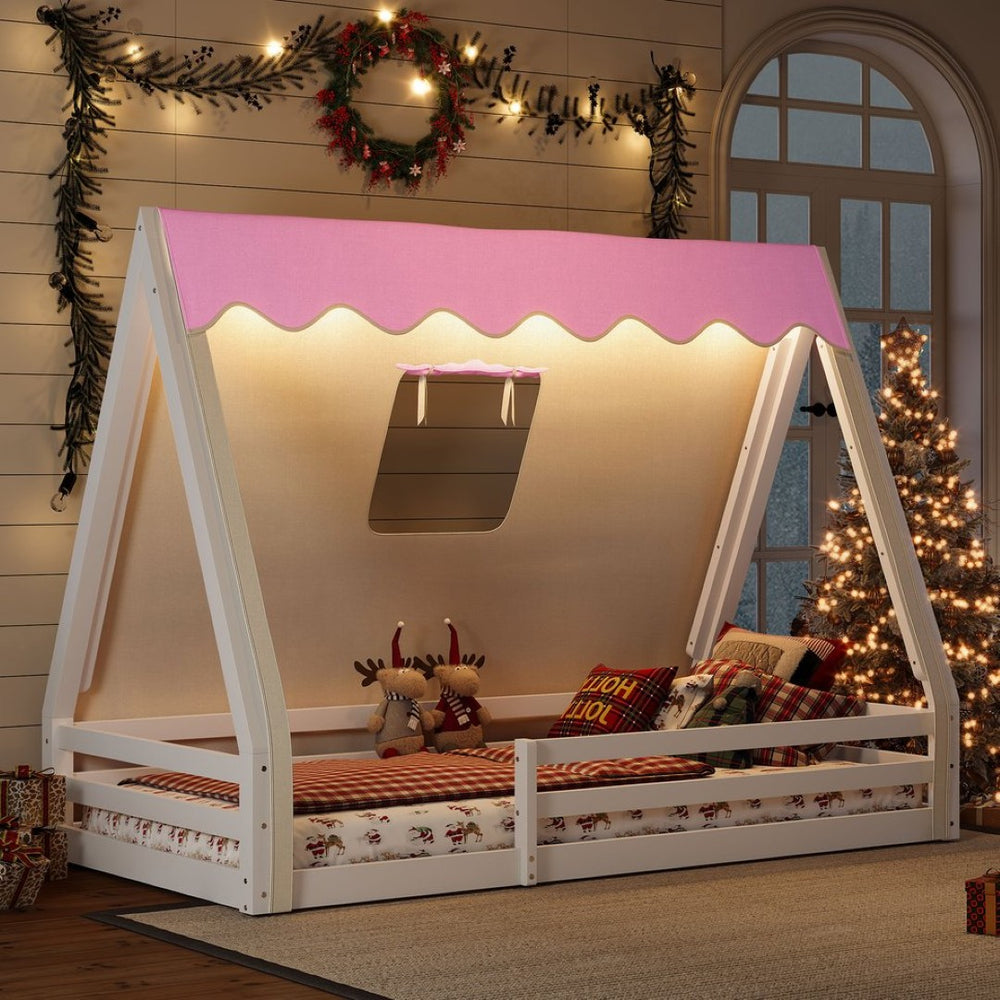 English Elm Twin Montessori Floor Bed Solid Pine Teepee Frame with Guardrails and Canopy Light W1580P369465
