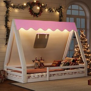 English Elm Twin Montessori Floor Bed Solid Pine Teepee Frame with Guardrails and Canopy Light W1580P369465