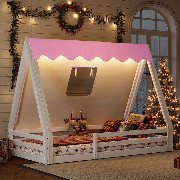 English Elm Twin Montessori Floor Bed Solid Pine Teepee Frame with Guardrails and Canopy Light W1580P369465
