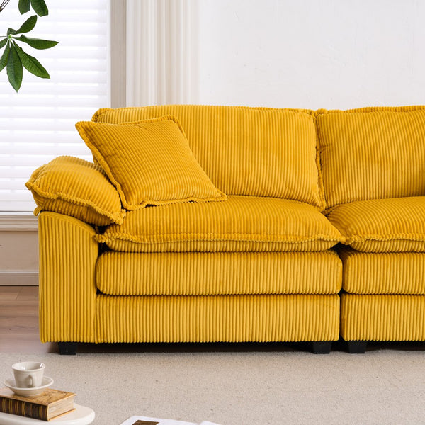 English Elm Corduroy Plush 2-Seat Sofa with 2 Back Cushions, Toss Pillows & Ottomans — Deep Seat Comfort Yellow W2363S00063
