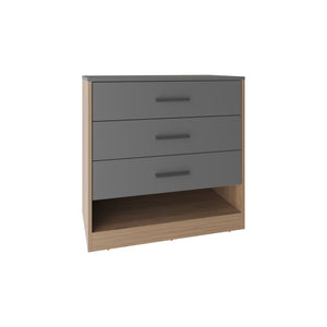 English Elm Alder 27" High Three Drawer Dresser with Open Shelf — Compact Matte Gray & Oak Accent Storage Piece B070P337064