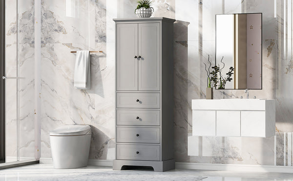 English Elm Storage Cabinet with 2 Doors and 4 Drawers, Slim MDF Organizer with Adjustable Shelf, Anti-Tip Safety Grey WF302825AAE