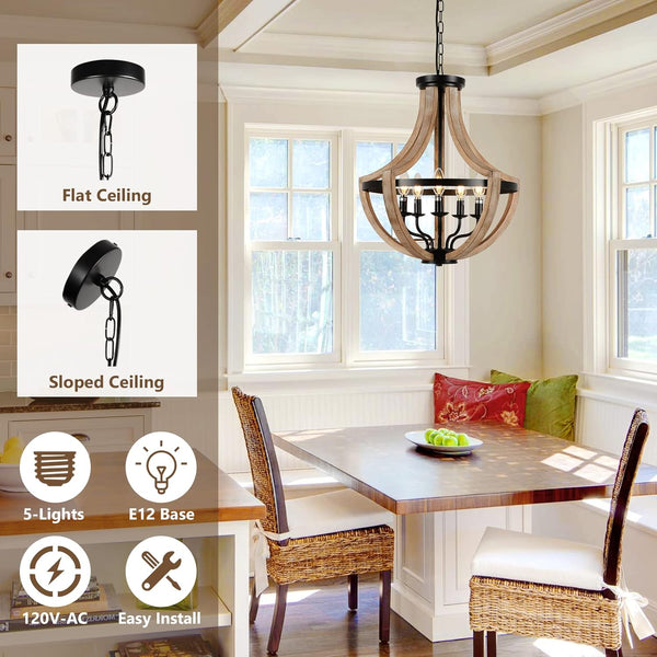 English Elm 19" Farmhouse 5-Light Wood Chandelier, Height Adjustable Pendant or Flush Mount, Rustic Brown Elegance W2738P185399