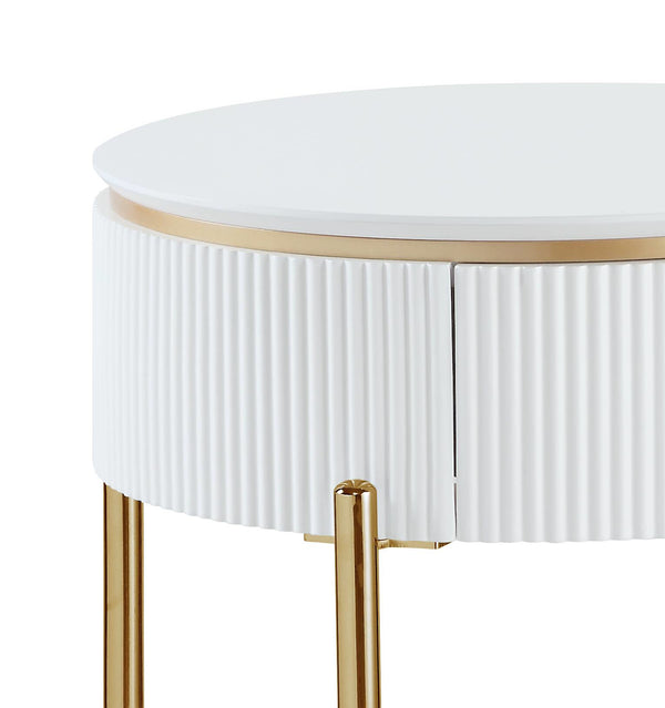 English Elm White White High Gloss and Gold End Table with Drawer and Shelf, 24" Chic Accent Nightstand for Stylish Storage B062P209067