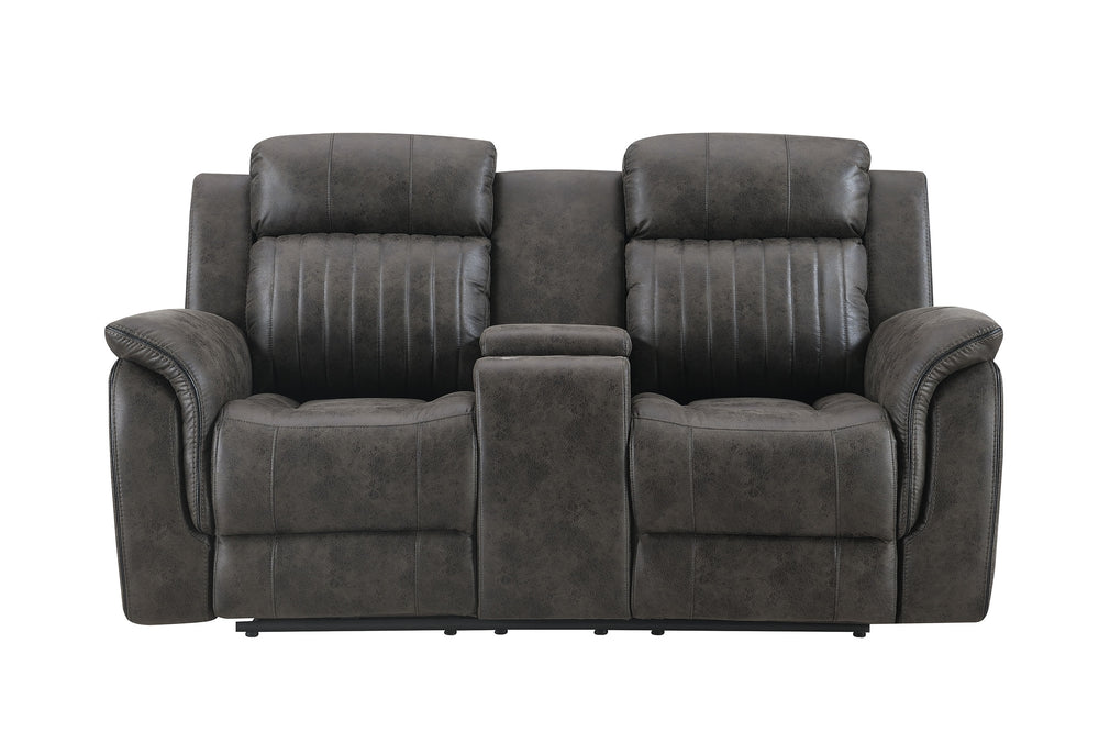 English Elm STEBAN Gray Console Reclining Loveseat with Charcoal Polyester Upholstery, Transitional Badlands Finish B201P216051