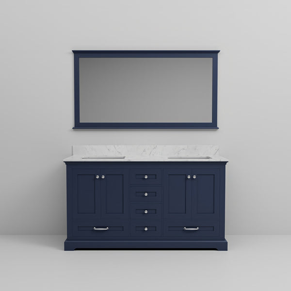 English Elm Navy Blue Double Bath Vanity With Carrara Marble Top, Soft-Close Drawers & 58" Mirrored Finish B2731S00658