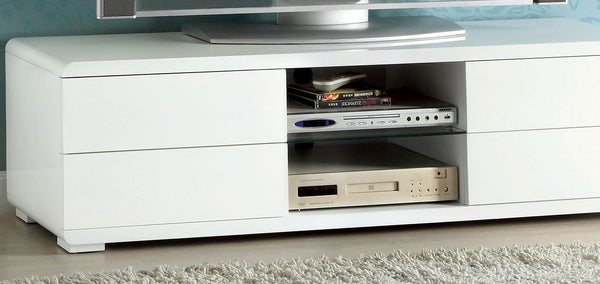 English Elm Contemporary Curved Shelving TV Console with Chrome Poles, High Gloss Lacquer Finish, Sleek Design White 62 L x 18 W x 19 H B2741P362562