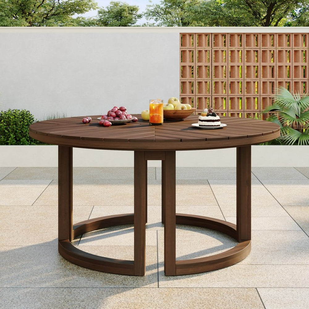 English Elm Trexm Round Acacia Outdoor Dining Table Seats Six with Umbrella Hole Slatted Top Mocha N715P404283P