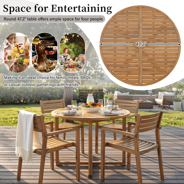 English Elm U_style Solid Acacia Wood Round Outdoor Dining Set Seats Four with Slatted Design Natural WY000475AAO