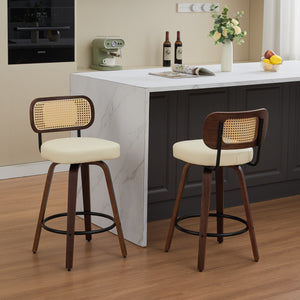 English Elm Set of 2 Swivel Counter Stools with Cane Back and Upholstered PU Seat, Walnut Wood, Ergonomic 360° Comfort Beige W1143P300156