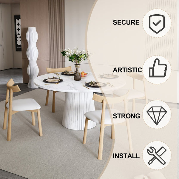 English Elm Retractable Rock Slab Dining Set with Leather Wrapped Base for Compact Apartments White W2700S00127