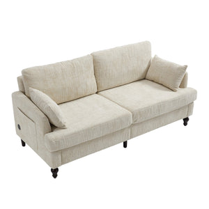 English Elm Modern chenille 2-seater sofa with LED lighting, USB charging, storage pocket, sturdy wood legs Beige W395P318540