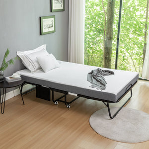 English Elm Folding Bed with Memory Foam Mattress, 75"x38" Rollaway Guest Bed on Wheels, 350lb Capacity, Compact Storage W1422P177281