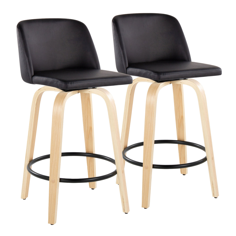 English Elm Toriano 26" Counter Stool Set of 2 — Modern Swivel Faux Leather Seats on Bent Wood Legs with Footrest B202S00427