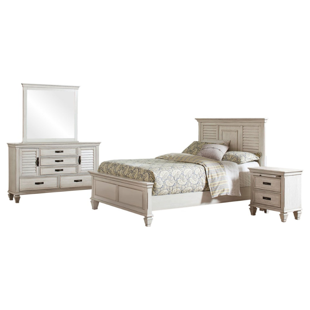 English Elm Piero Wire-brushed Oak Veneer Queen Bedroom Set with Louvered Panels Coastal Style B062S00766