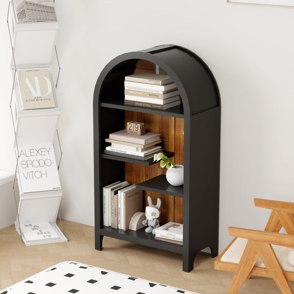 English Elm 4-tier Arched Freestanding Bookcase with Lattice Doors Open Display and Cabinet Storage W3123P485378