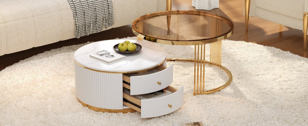 English Elm Modern Round Nesting Coffee Table Set with Gold Pedestal Legs and Storage Drawers Brown,White N735P349323D
