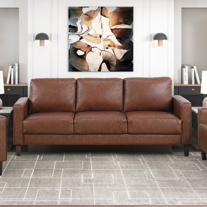 English Elm Modern Malcolm 3-Seater Faux Leather Sofa with Track Arms and Welt Trim, Solid Wood Frame, Comfortable Seating Chocolate 68 L x 26 W x 18 H B011P395010