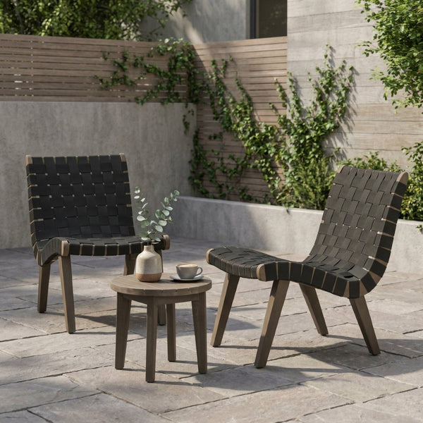 English Elm Outdoor Acacia Hardwood 3 Piece Patio Set with Woven Rope Strap Lounge Chairs 70913.00BLK2-62266.00GRY