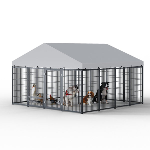 English Elm Large Heavy Duty Metal Dog Kennel Outdoor Run with Waterproof Roof and Secure Panel Frame W1820P318708