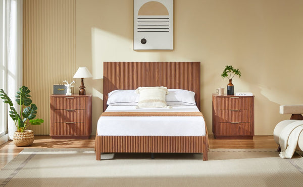 English Elm Full Platform Bed Corrugated Wood Ribbed Headboard Farmhouse Contemporary Frame Walnut W1820P423199