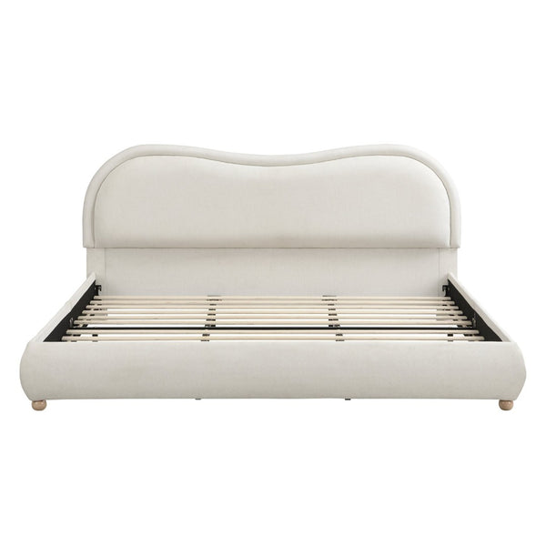English Elm Queen Chenille Upholstered Bed Curved Headboard Oak Legs Wooden Slat Platform Frame W1716P387791
