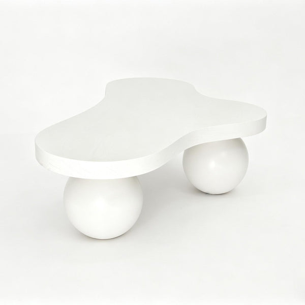 English Elm 46 Inch Cloud Shaped Coffee Table with Ash Veneer Top and Sculptural Sphere Legs White W3935S00007