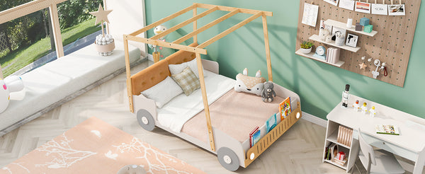 English Elm Wood Full Size Car Bed with LED Night Lights, Pine Frame, Imaginative Canopy & Cozy Pillow (Natural) WF309289AAM