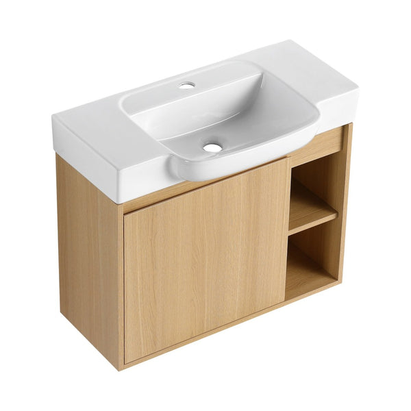 English Elm 28'' Floating Bathroom Vanity with Ceramic Sink Soft Close Door Melamine Cabinet Light Oak W999P426639