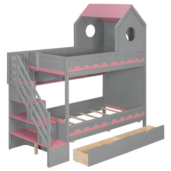 English Elm Twin Over Kids Bunk Bed with Castle Roofline Led Lights and Staircase Storage Gray N820S00068E