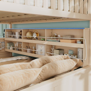 English Elm Full Xl Over Queen Bunk Bed Pinewood Frame with Led Lights Shelving Pegboard Beige LT000279AAA