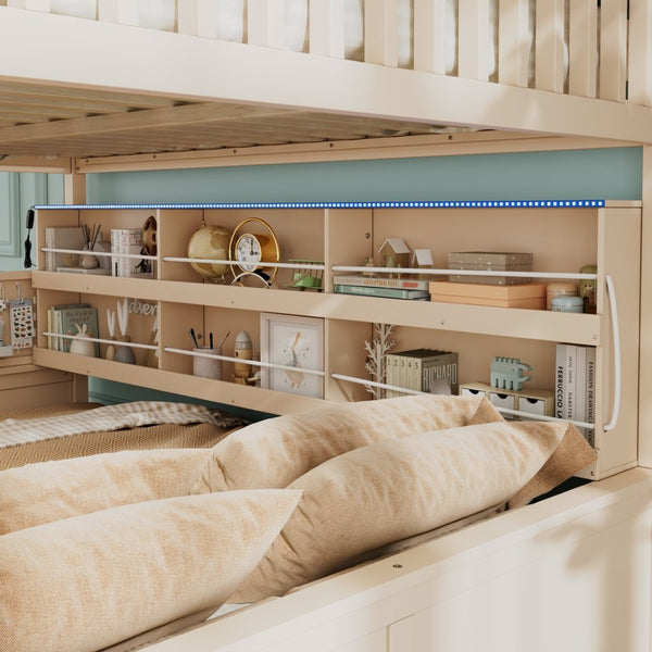 English Elm Full Xl Over Queen Bunk Bed Pinewood Frame with Led Lights Shelving Pegboard Beige LT000279AAA