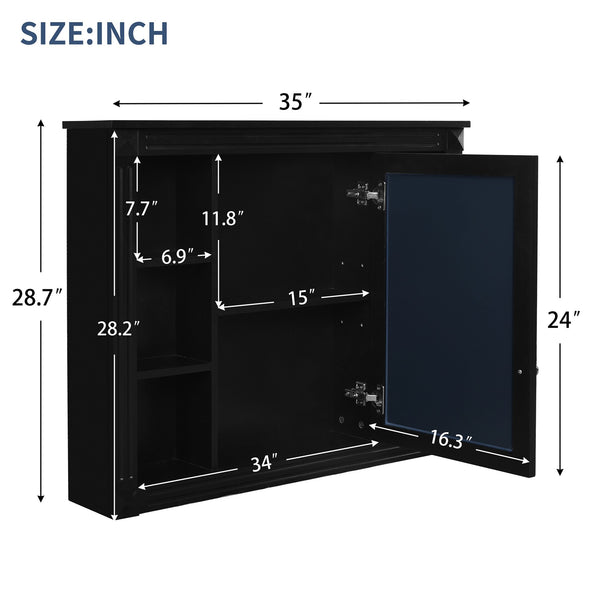 English Elm 35'' Modern Wall Medicine Cabinet with Mirror, Black MDF Storage, Soft-Close Hinges, Towel Rod, Adjustable Shelves N710P197128B