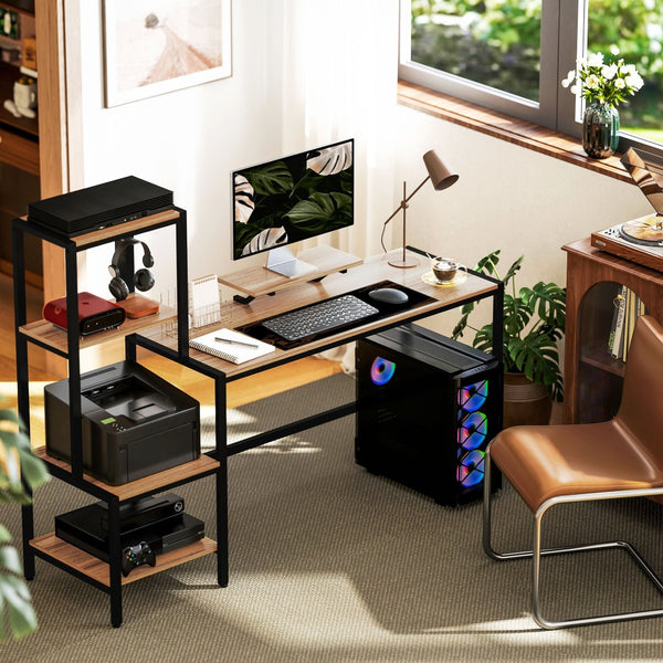 English Elm Homcom Industrial Writing Desk with Four Tier Shelving and Built in Monitor Riser W2225P485636