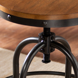 English Elm Industrial Adjustable Stool with Distressed Pine Seat and Curved Metal Frame, Height Adjustable Vintage Style Black B20479038