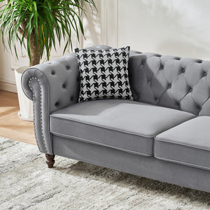 English Elm 87"Chesterfield Velvet Upholstery Sofa with Roll Armrests & Nailhead Trim, 3-Seater Luxurious Midcentury Design Grey W3373S00010