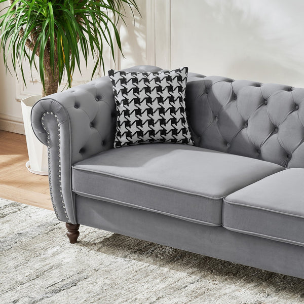 English Elm 87"Chesterfield Velvet Upholstery Sofa with Roll Armrests & Nailhead Trim, 3-Seater Luxurious Midcentury Design Grey W3373S00010