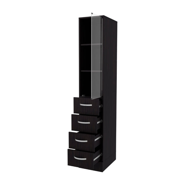 English Elm Wengue Tall Linen Cabinet with Four Drawers and Open Shelves for Bathroom Storage B062P461069