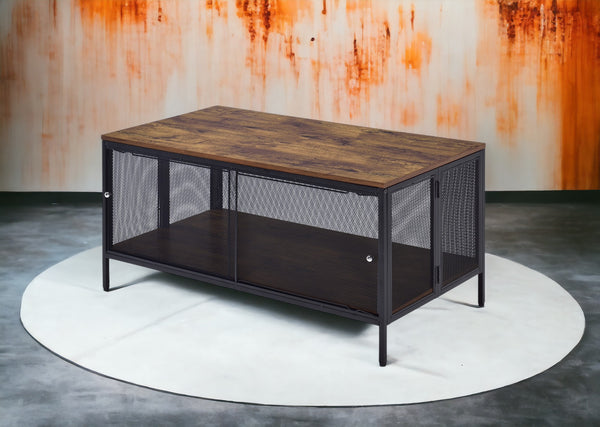 English Elm Winam Antique Oak Coffee Table with Black Metal Mesh Base, Foldable Top & 4 Sliding Doors Storage B2726P270994