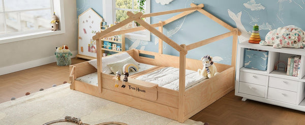 English Elm Queen House Shaped Kids Floor Bed Pine Wood Frame with Guardrails and Personalized Headboard Natural W1580P396335