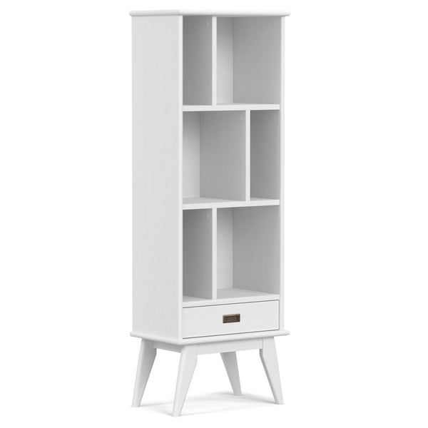 English Elm Draper Mid Century White Bookcase & Storage Unit — Solid Rubberwood, 6 Shelves, Drawer, Retro Chic B136P238620