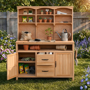 English Elm (with Hutch) Topmax Solid Fir Outdoor Potting Bench Station Cabinets Drawers Patio Garden Natural Wood N717P404332A