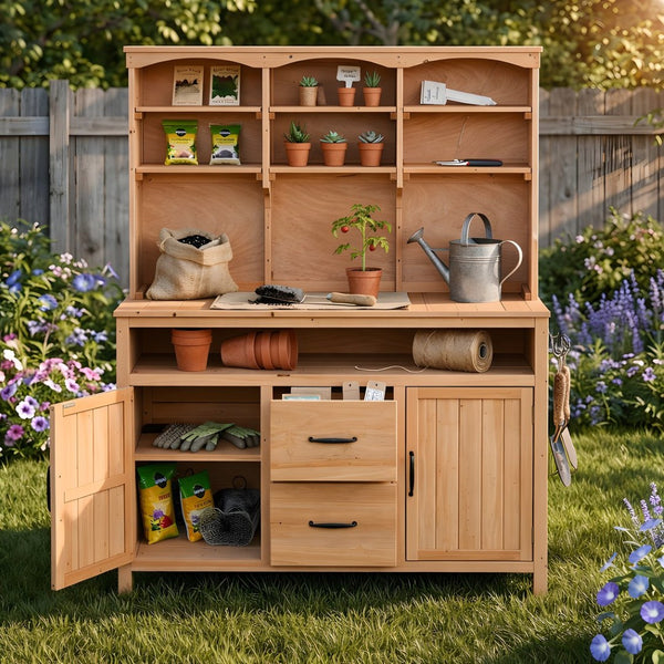 English Elm (with Hutch) Topmax Solid Fir Outdoor Potting Bench Station Cabinets Drawers Patio Garden Natural Wood N717P404332A