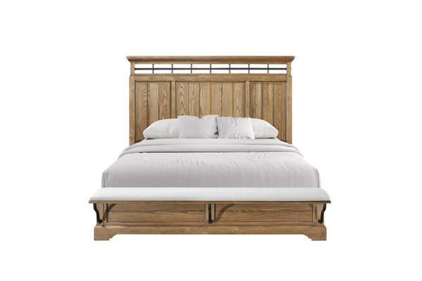 English Elm King Panel Bed with Elegant Transitional Styling, Solid Wood & MDF Frame, Centerpiece Bedroom Focal Point Caramel 86 L x 50.25 W x 6.5 H B2699S00083