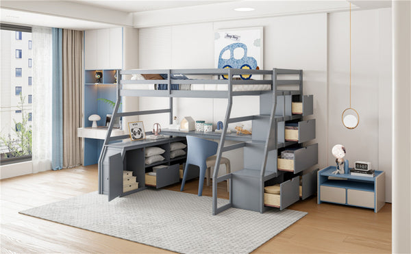 English Elm Full Size Kids Loft Bed with Integrated Desk Seven Drawers and Open Shelving Gray LT000649AAE-3