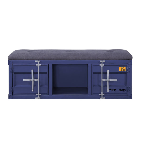 English Elm Grey Modern Industrial Storage Bench with Padded Grey Seat, Blue Metal Doors, Middle Shelf & Locking Cabinet B062P186445