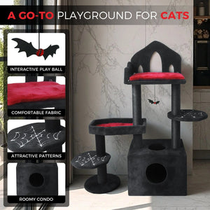 English Elm Black Gothic Multi-level Cat Tower with Coffin Perch Sisal Posts and Hammock W243P326635